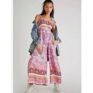 FREE PEOPLE Leona Mix Lilac Pink Floral Pattern Boho Festival Jumpsuit ☮